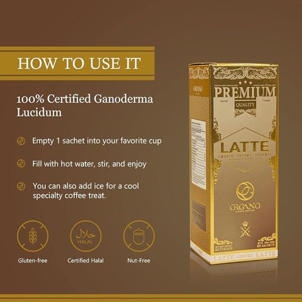 ORGANO Gourmet Cafe Latte,100% Certified Ganoderma Lucidum (1 Box of 20 Sachets) - Image 2